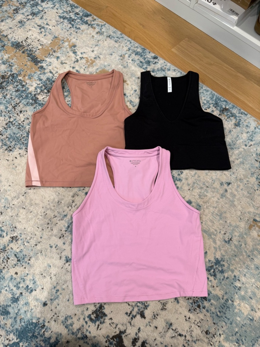 Athleta Pink, Rose, and Black Cropped Tank Trio
